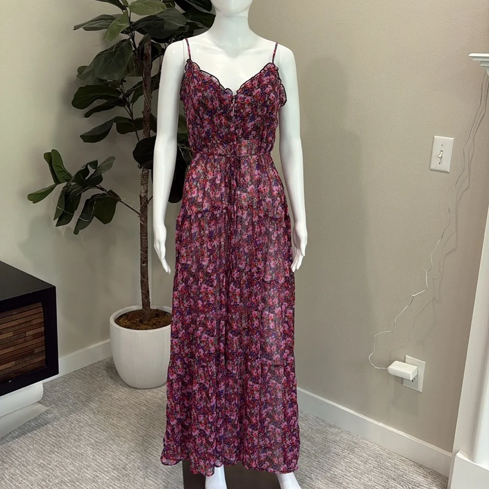 Lulus Sheer Floral Slipdress Size Small Button Front Tiered Ruffle Maxi Dress - Picture 14 of 15